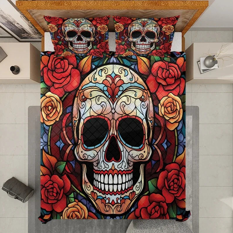 Personalized Flowers Sugar Skull Halloween 3-Piece Quilt Bedding Set With Pillowcases