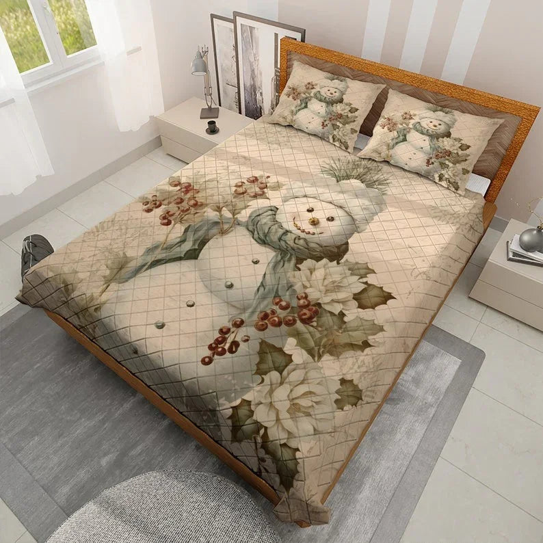 Personalized Vintage Floral Snowman Christmas 3-Piece Quilt Bedding Set With Pillowcases