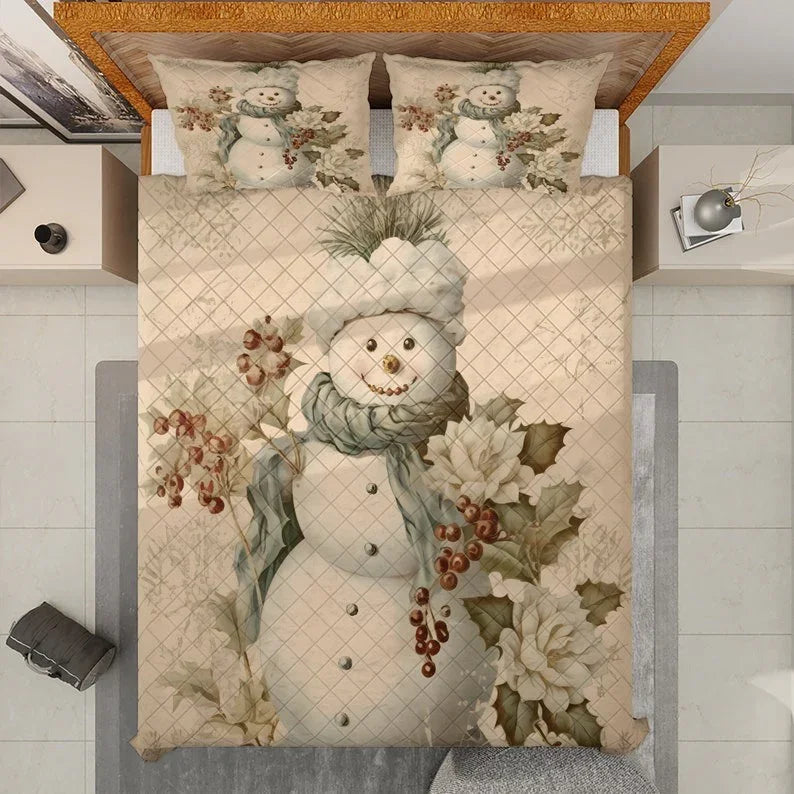 Personalized Vintage Floral Snowman Christmas 3-Piece Quilt Bedding Set With Pillowcases