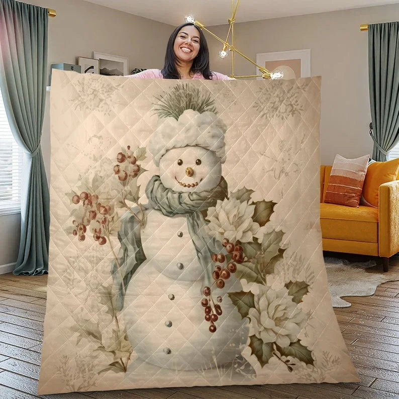 Personalized Vintage Floral Snowman Christmas 3-Piece Quilt Bedding Set With Pillowcases