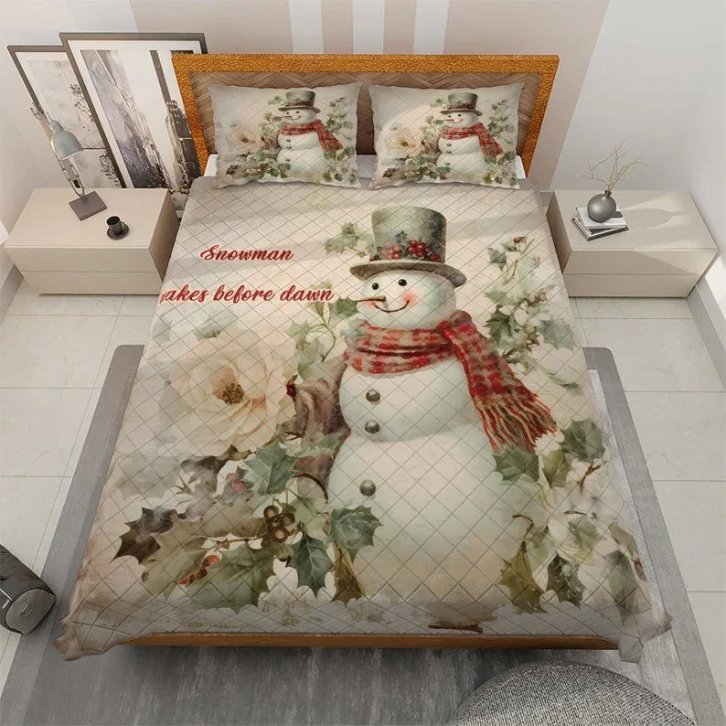Personalized Vintage Snowman Christmas 3-Piece Quilt Bedding Set With Pillowcases