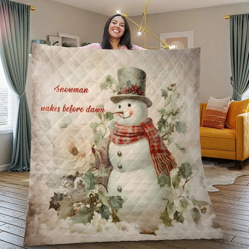 Personalized Vintage Snowman Christmas 3-Piece Quilt Bedding Set With Pillowcases