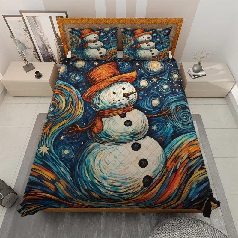 Personalized Vintage Snowman in the Starry Night Christmas 3-Piece Quilt Bedding Set With Pillowcases