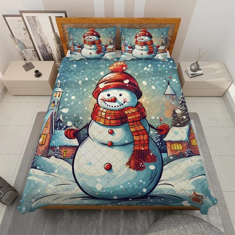 Personalized Vintage Cute Snowman Christmas 3-Piece Quilt Bedding Set With Pillowcases