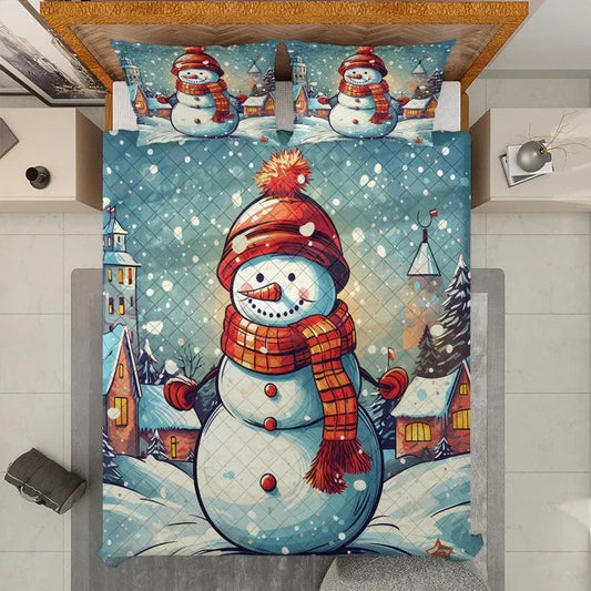 Personalized Vintage Cute Snowman Christmas 3-Piece Quilt Bedding Set With Pillowcases