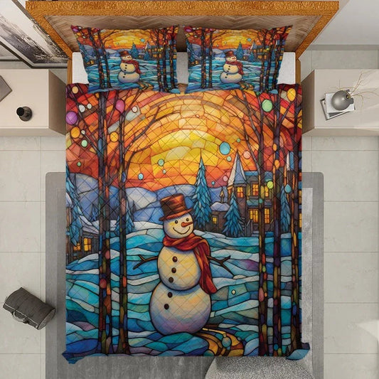Personalized Vintage Snowman in Colorful Christmas Night 3-Piece Quilt Bedding Set With Pillowcases