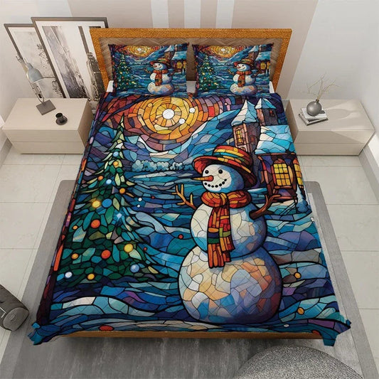 Personalized Vintage Snowman Christmas Tree in Starry Night 3-Piece Quilt Bedding Set With Pillowcases