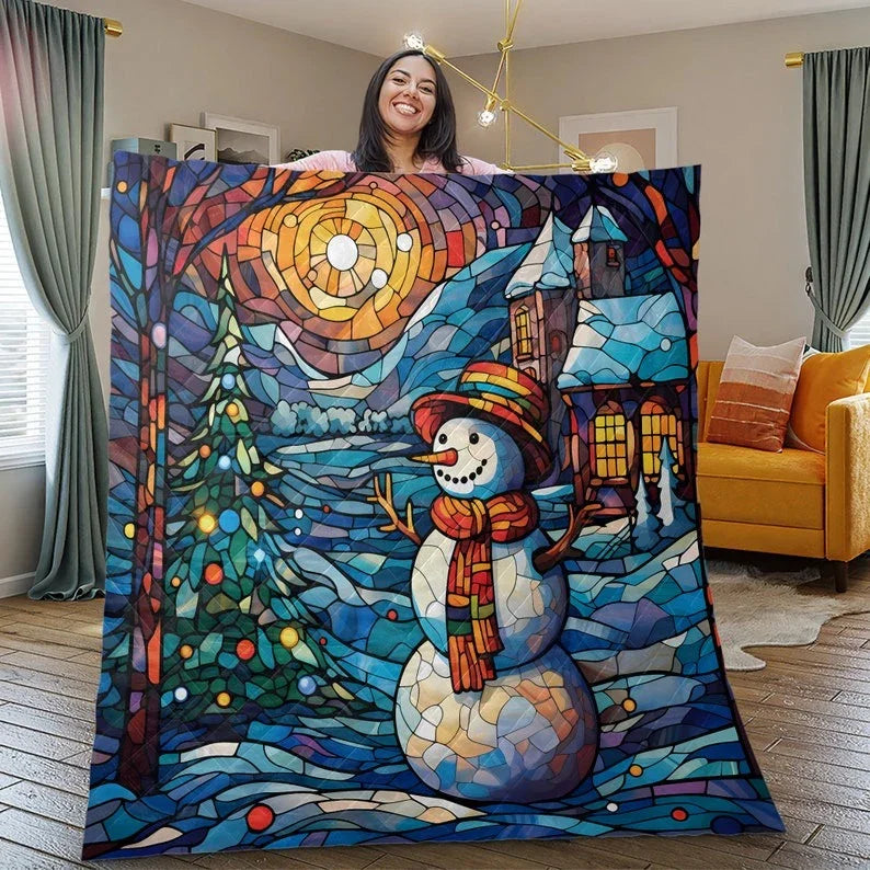 Personalized Vintage Snowman Christmas Tree in Starry Night 3-Piece Quilt Bedding Set With Pillowcases