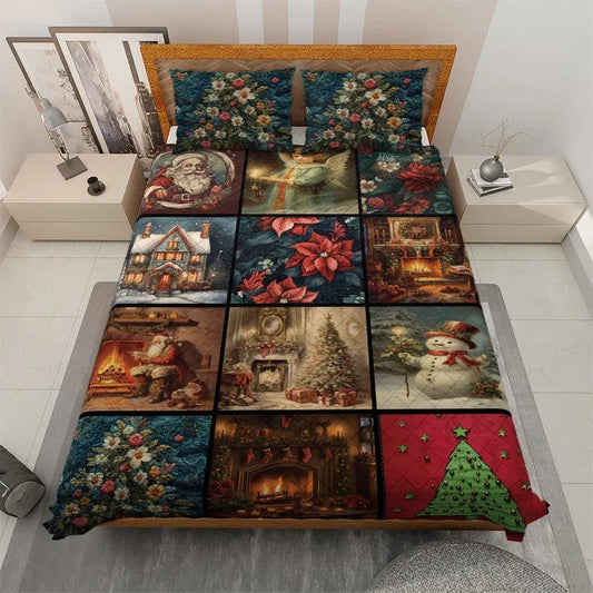 Personalized Vintage Snowman Flowers Christmas Tree Collage 3-Piece Quilt Bedding Set With Pillowcases