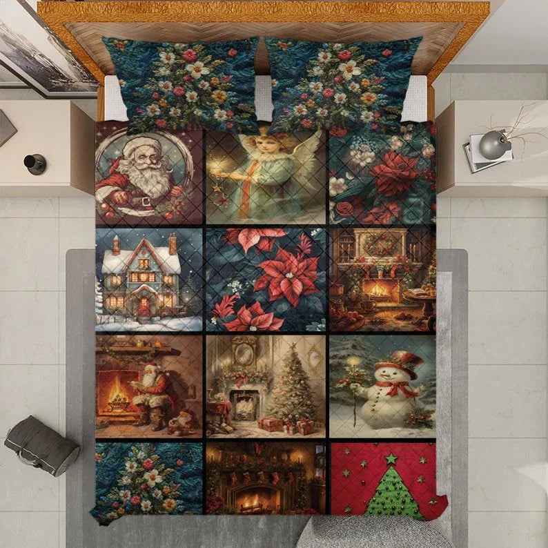 Personalized Vintage Snowman Flowers Christmas Tree Collage 3-Piece Quilt Bedding Set With Pillowcases