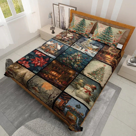 Personalized Vintage Snowman Flowers Christmas Tree Fireplace Collage 3-Piece Quilt Bedding Set With Pillowcases
