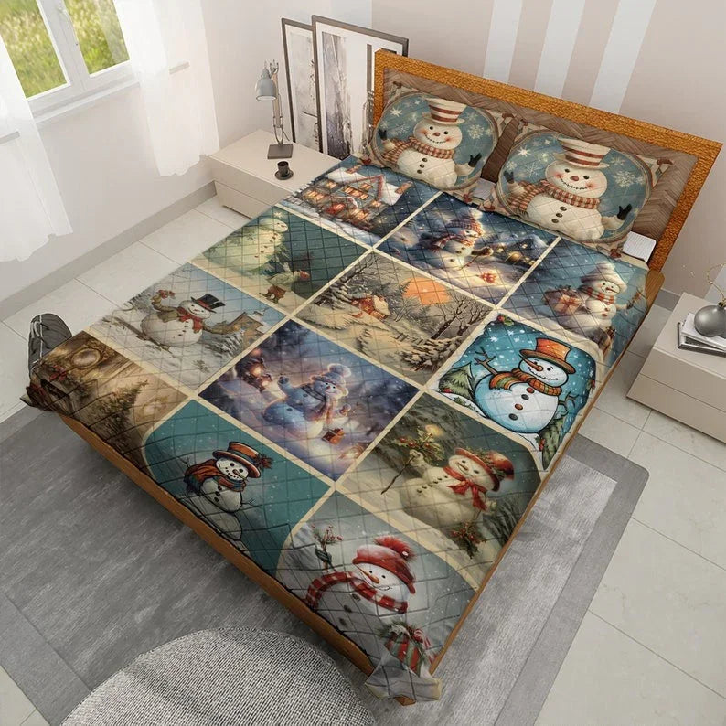 Personalized Vintage Snowman Patchwork Christmas 3-Piece Quilt Bedding Set With Pillowcases