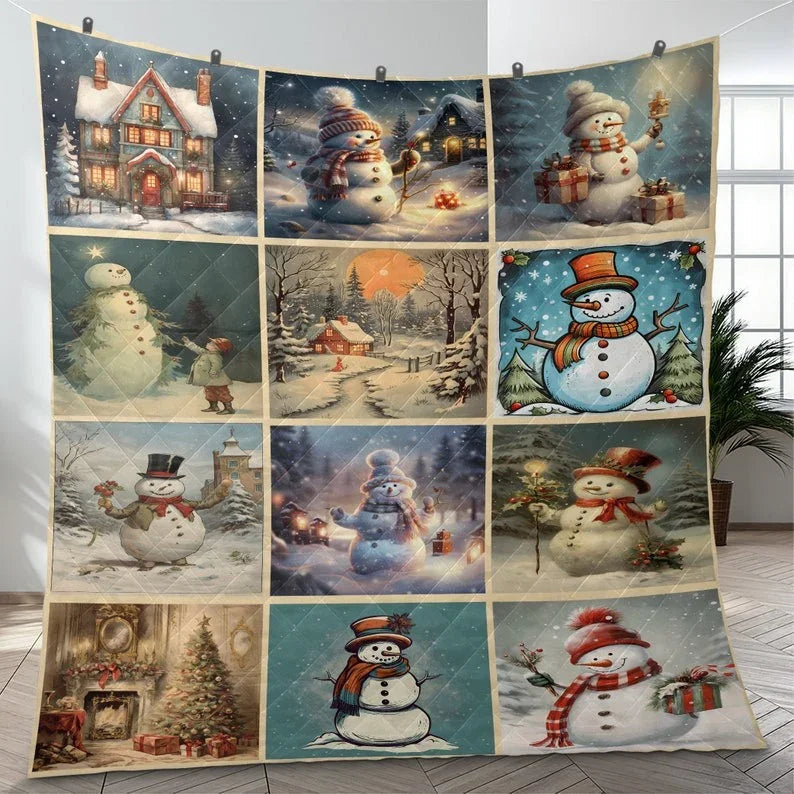 Personalized Vintage Snowman Patchwork Christmas 3-Piece Quilt Bedding Set With Pillowcases