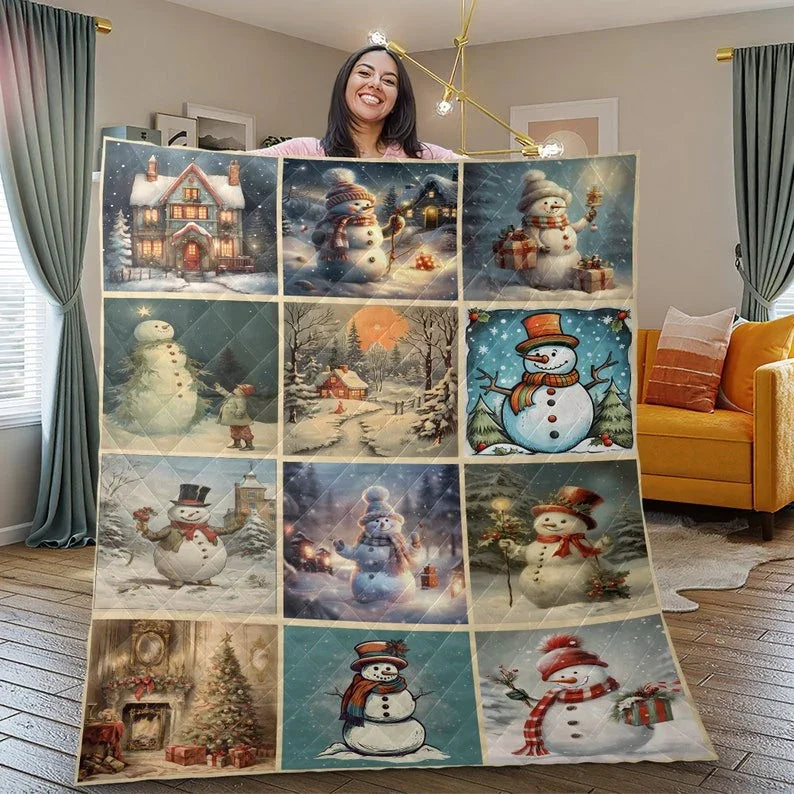 Personalized Vintage Snowman Patchwork Christmas 3-Piece Quilt Bedding Set With Pillowcases