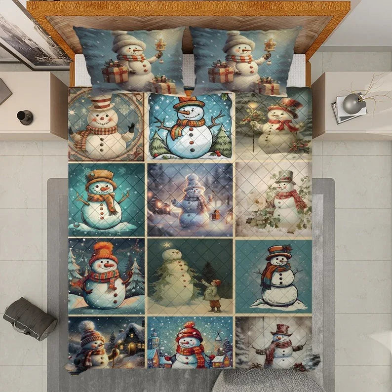 Personalized Vintage Cute Snowman Collection Christmas 3-Piece Quilt Bedding Set With Pillowcases