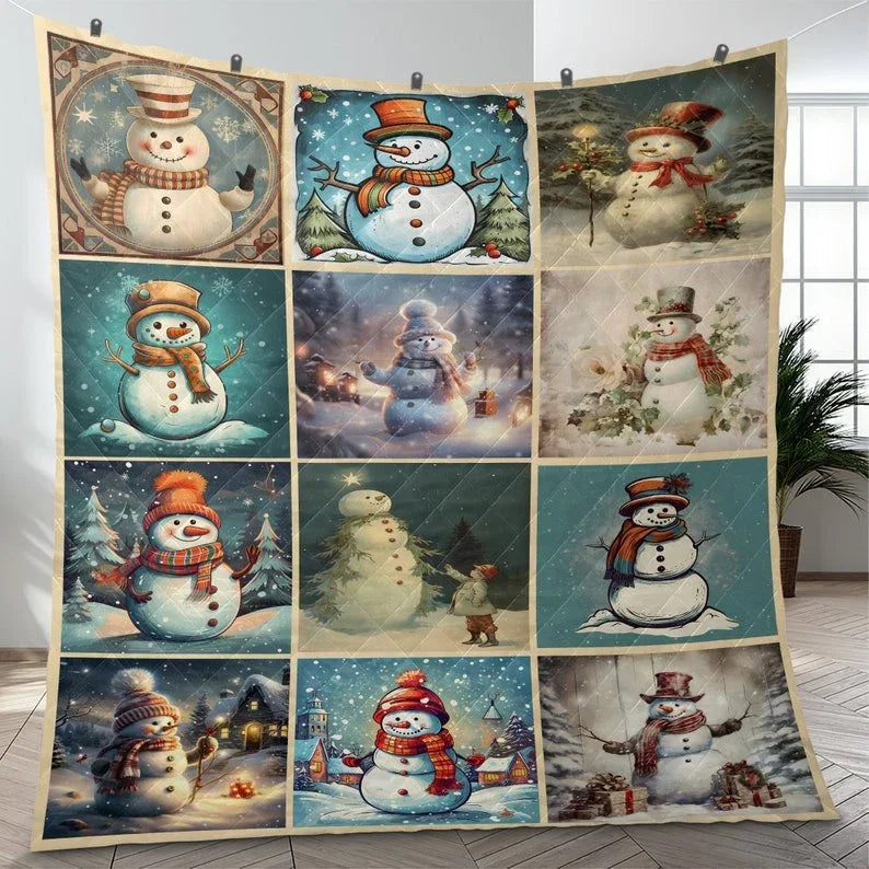 Personalized Vintage Cute Snowman Collection Christmas 3-Piece Quilt Bedding Set With Pillowcases