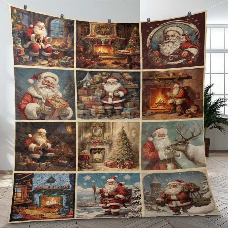 Personalized Vintage Santa Claus Patchwork Christmas 3-Piece Quilt Bedding Set With Pillowcases
