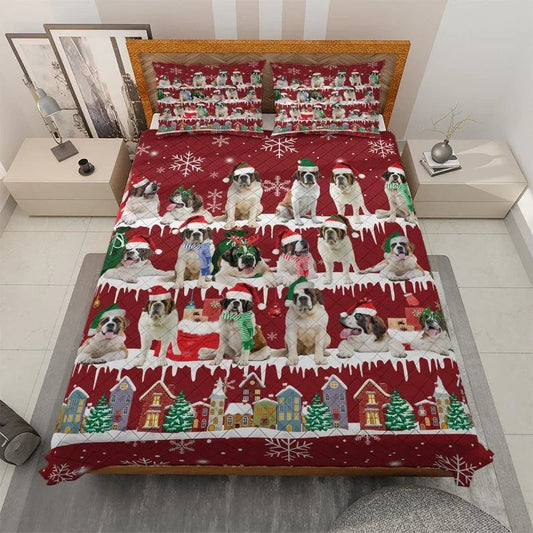 Personalized St_Bernard Dog Christmas 3-Piece Quilt Bedding Set With Pillowcases