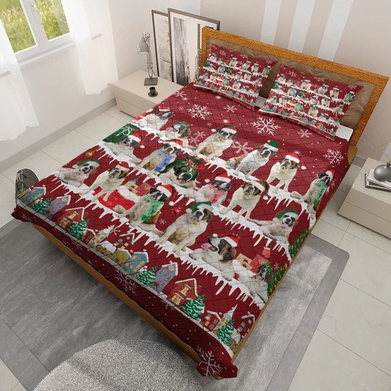 Personalized St_Bernard Dog Christmas 3-Piece Quilt Bedding Set With Pillowcases