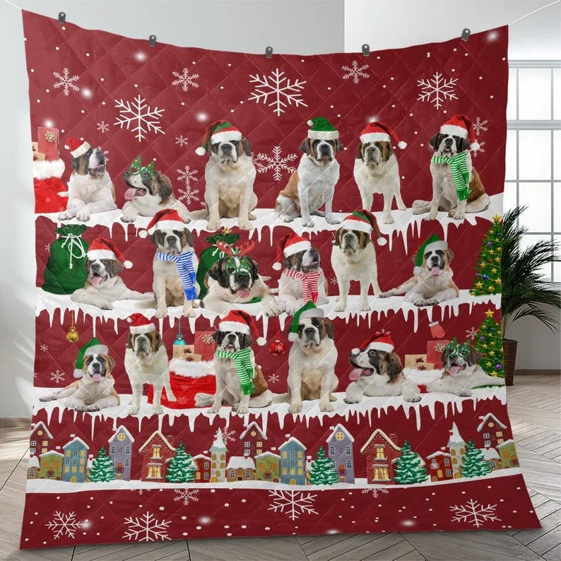 Personalized St_Bernard Dog Christmas 3-Piece Quilt Bedding Set With Pillowcases