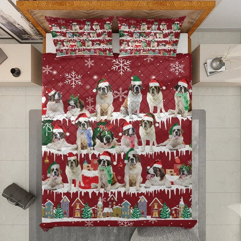 Personalized St_Bernard Dog Christmas 3-Piece Quilt Bedding Set With Pillowcases