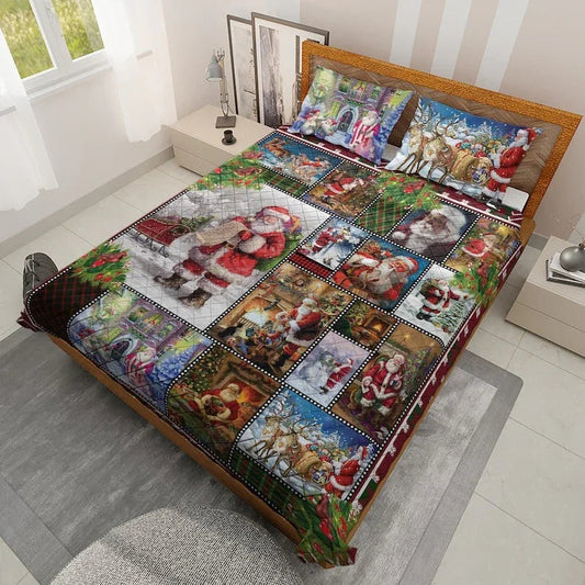 Personalized Vintage Santa Claus Christmas Eve 3-Piece Quilt Bedding Set With Pillowcases