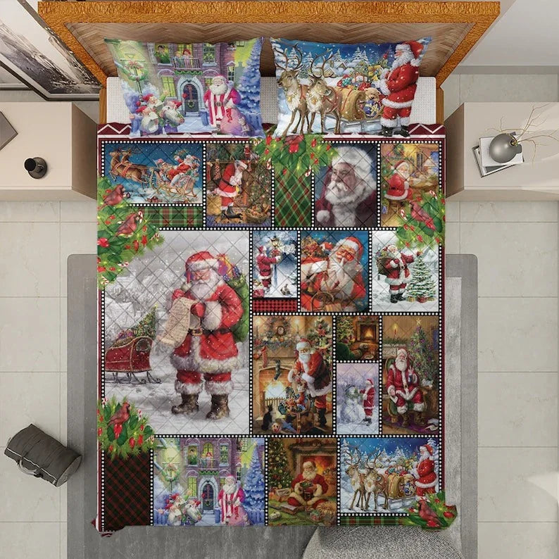 Personalized Vintage Santa Claus Christmas Eve 3-Piece Quilt Bedding Set With Pillowcases