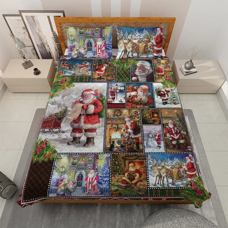 Personalized Vintage Santa Claus Christmas Eve 3-Piece Quilt Bedding Set With Pillowcases