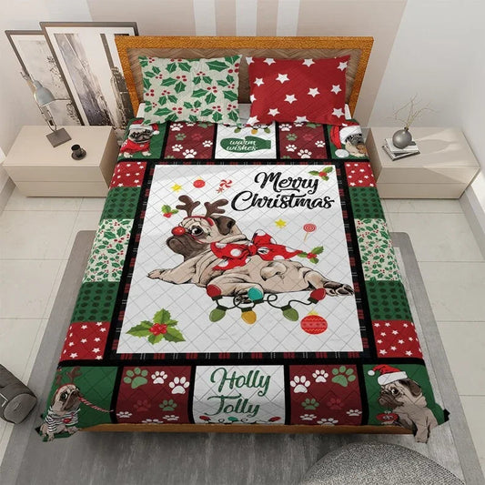 Personalized Awesome Pug Dog Merry Christmas 3-Piece Quilt Bedding Set With Pillowcases