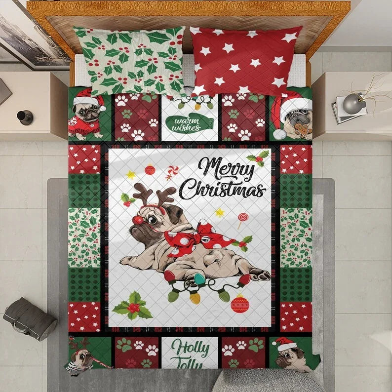 Personalized Awesome Pug Dog Merry Christmas 3-Piece Quilt Bedding Set With Pillowcases