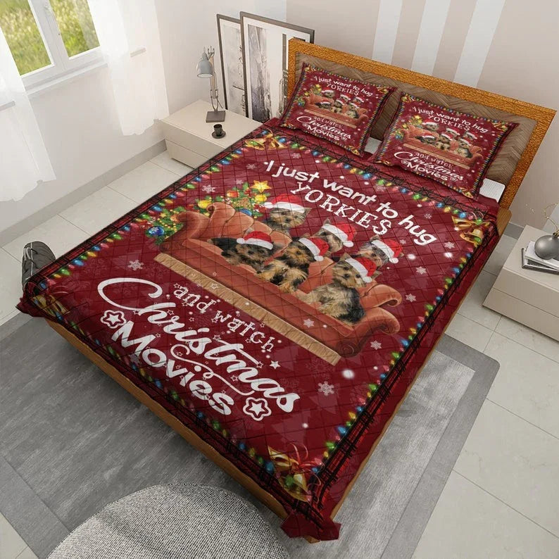 Personalized Awesome Yorkshire Terrier Dog Christmas 3-Piece Quilt Bedding Set With Pillowcases
