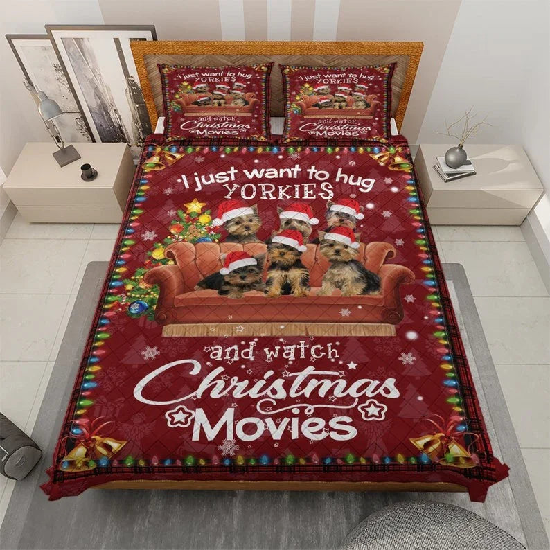 Personalized Awesome Yorkshire Terrier Dog Christmas 3-Piece Quilt Bedding Set With Pillowcases