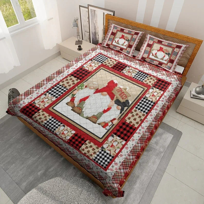 Personalized Vintage Gnomes Christmas 3-Piece Quilt Bedding Set With Pillowcases