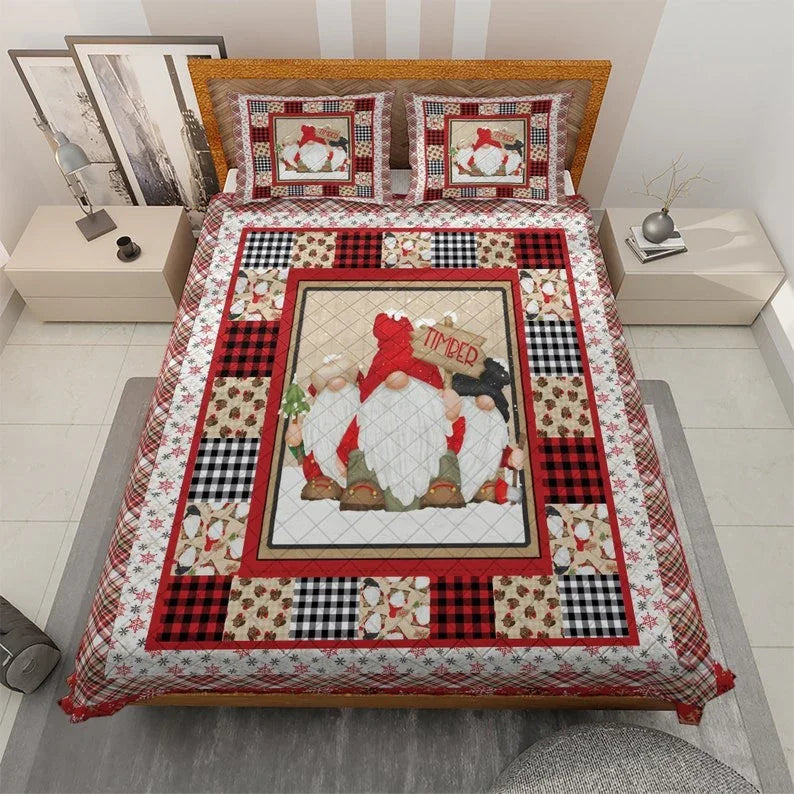 Personalized Vintage Gnomes Christmas 3-Piece Quilt Bedding Set With Pillowcases