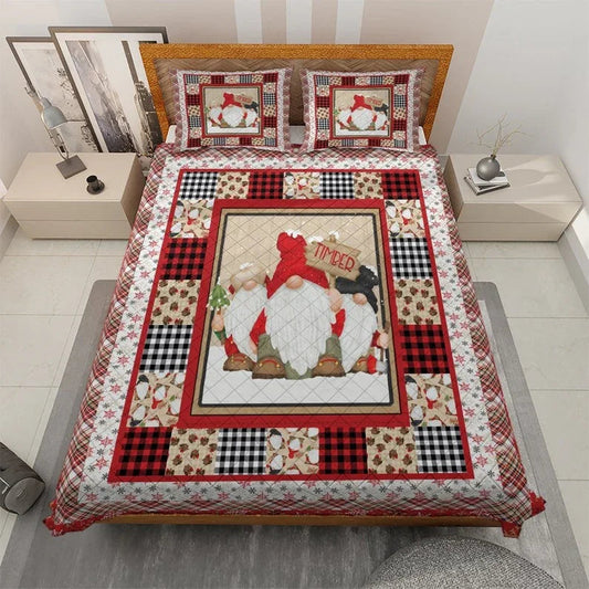 Personalized Vintage Gnomes Christmas 3-Piece Quilt Bedding Set With Pillowcases