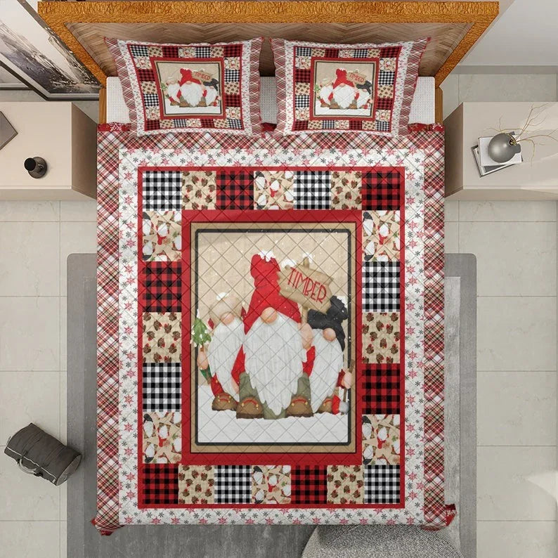 Personalized Vintage Gnomes Christmas 3-Piece Quilt Bedding Set With Pillowcases