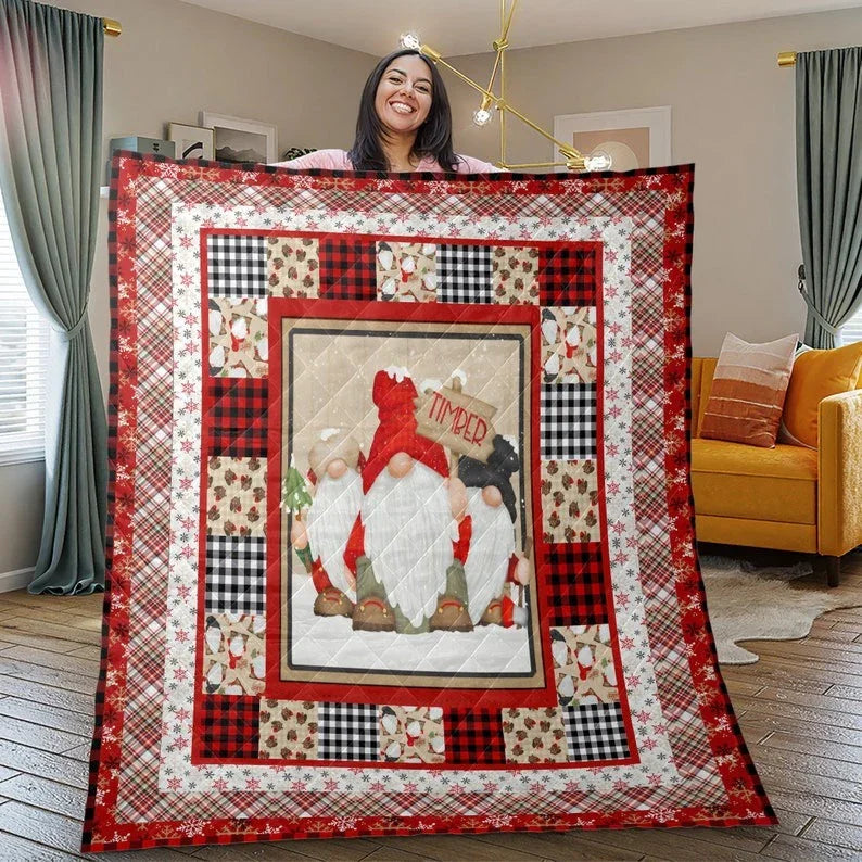 Personalized Vintage Gnomes Christmas 3-Piece Quilt Bedding Set With Pillowcases