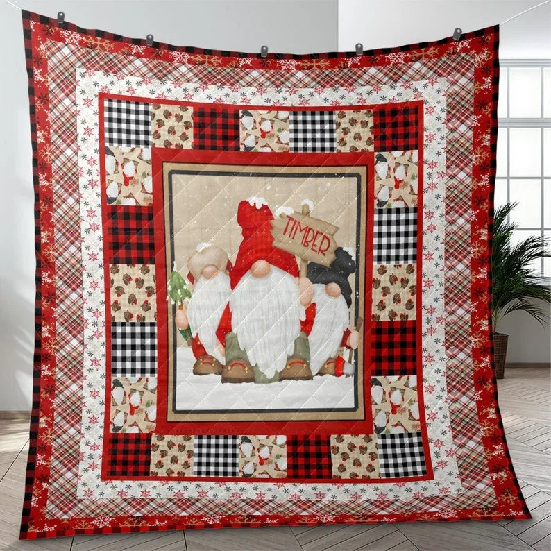 Personalized Vintage Gnomes Christmas 3-Piece Quilt Bedding Set With Pillowcases