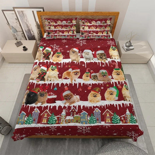 Personalized Awesome Pomeranian Dog Christmas 3-Piece Quilt Bedding Set With Pillowcases