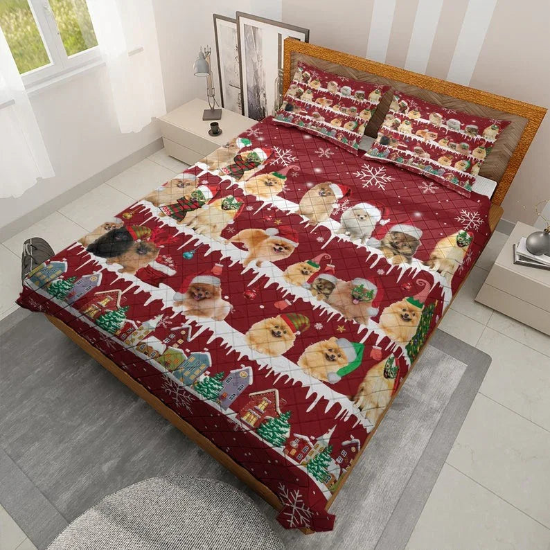 Personalized Awesome Pomeranian Dog Christmas 3-Piece Quilt Bedding Set With Pillowcases