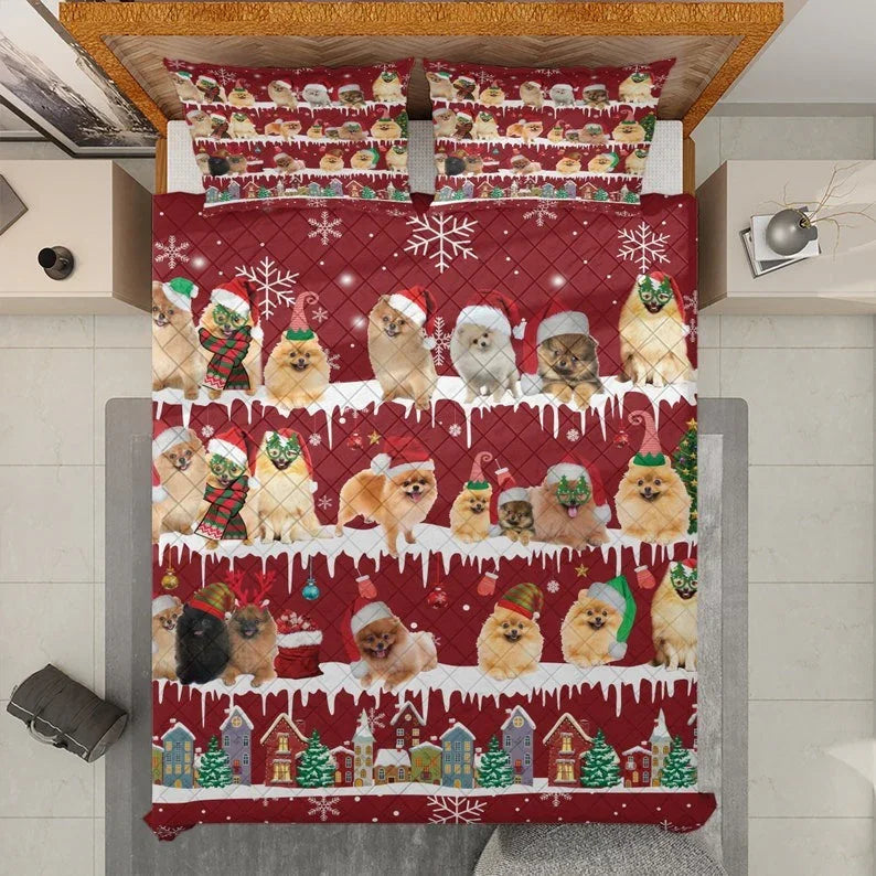 Personalized Awesome Pomeranian Dog Christmas 3-Piece Quilt Bedding Set With Pillowcases