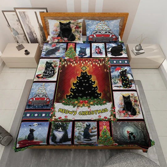 Personalized Vintage Black Cats Meowy Christmas 3-Piece Quilt Bedding Set With Pillowcases