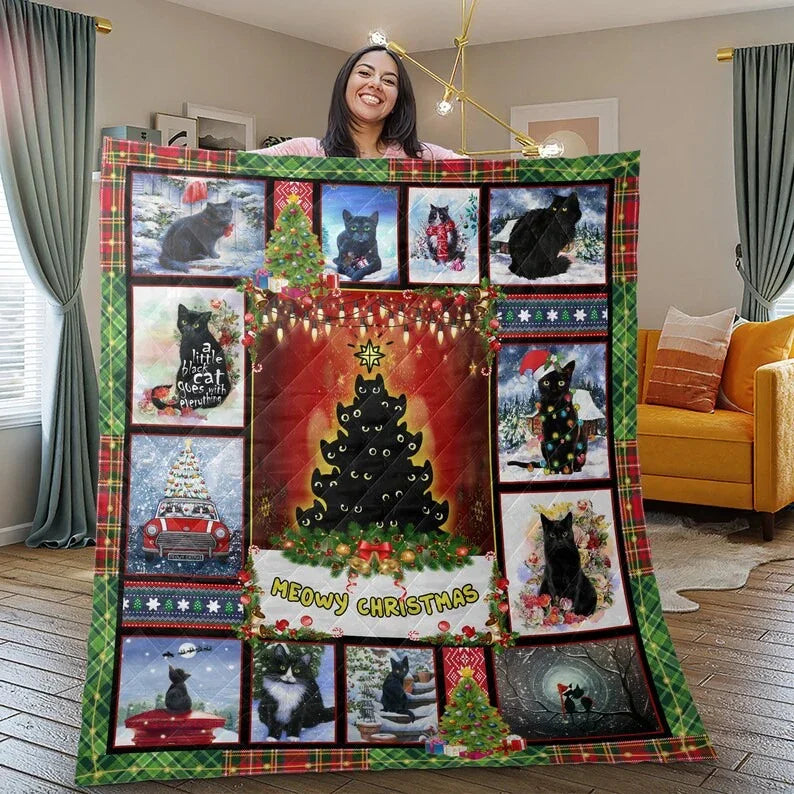 Personalized Vintage Black Cats Meowy Christmas 3-Piece Quilt Bedding Set With Pillowcases