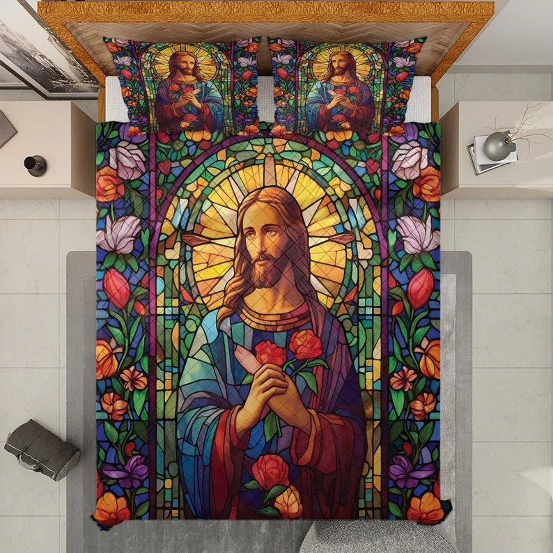 Personalized Vintage Christmas Eve Jesus Christ 3-Piece Quilt Bedding Set With Pillowcases