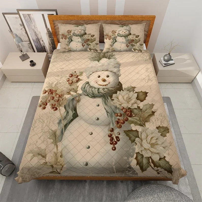 Personalized Vintage Floral Snowman Christmas 3-Piece Quilt Bedding Set With Pillowcases