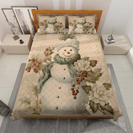Personalized Vintage Floral Snowman Christmas 3-Piece Quilt Bedding Set With Pillowcases