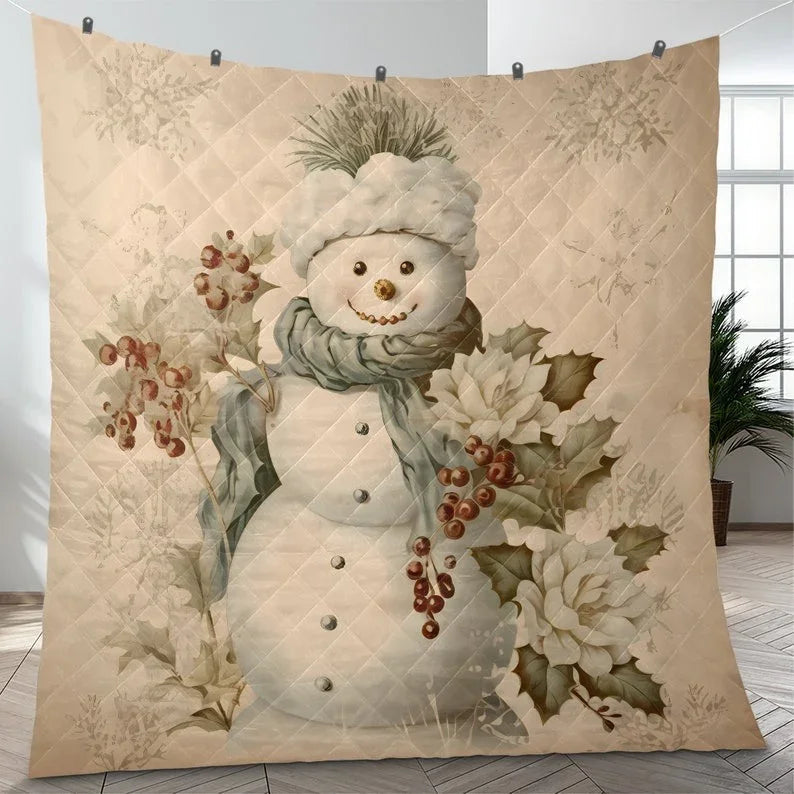 Personalized Vintage Floral Snowman Christmas 3-Piece Quilt Bedding Set With Pillowcases