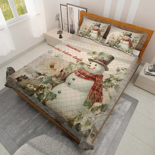 Personalized Vintage Snowman Christmas 3-Piece Quilt Bedding Set With Pillowcases