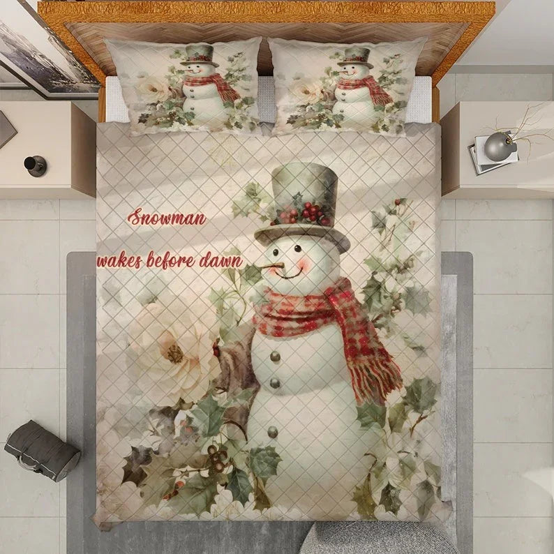Personalized Vintage Snowman Christmas 3-Piece Quilt Bedding Set With Pillowcases