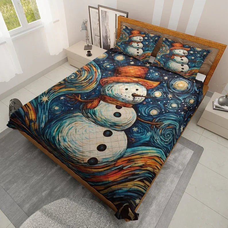 Personalized Vintage Snowman in the Starry Night Christmas 3-Piece Quilt Bedding Set With Pillowcases